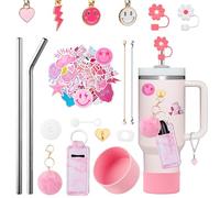 BOpusail 67Pcs Stanley Cup Accessories Set for Stanley Cup 40&30oz Including Daisy Straw Cover Cap Spill Proof Stopper Straws Silicone Boot Pink Chapsticks Holder Pompom Keychain Preppy Charm Stickers