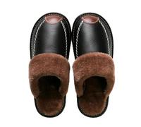 BOQUN Winter House Shoes Men Winter Leather Slippers Bedroom Cotton Slippers Male Waterproof Thick Plus Velvet Indoor Warm House Home Slippers Shoes-Black Brown-46