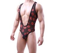 Borat Mankini Man - Wrestling Singlet Jockstrap Leotard Bodysuit Stag Do Fancy Dress Costume V-Strap Swimwear Bodysuit Mens Jockstraps Joke Gift Black