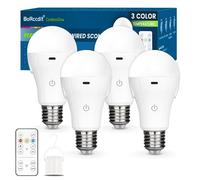 BoRccdit CordlessGlow Rechargeable Light Bulb 15W LED 60W Eq. , 3-Color, Dimmable with Remote, 24H Long Lasting USB Rechargeable Battery, Cord-Free for Outages, Camping, Closets, A19 E26/E27 Base 4PK