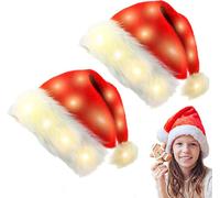BORDEAG LED Christmas Hat - Pack of 2 Adult Santa Hat with Luminous, Plush Red Santa Hat, Plush Santa Hat for Christmas, New Year Parties, New Year Gift