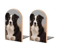 Border Collie Book Ends for Shelves - 2 Pack Handmade Wooden Bookends with Metal Base, Sturdy Book Holder for Heavy Books Modern Decorative Book Stopper for Home Office