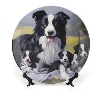 Border Collie Cubs Around Mama Printed Bone China Decorative Plate Ceramic Decorative Plate with Display Stand for Home Wall Decor