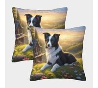 Border Collie Dog Cushion Cover Set of 2 Decorative Machine Washable Pillowcases Square Pillow Cases with Invisible Zipper Cushion Covers for Living Room Sofa Couch Bed Throw Pillow Case 40x40cm