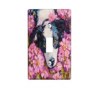 Border Collie Dog Decorative Light Switch Cover Plate 1 Gang Single Toggle, Oil Painting Peach Flower Electrical Faceplate for Kitchen Bathroom, Pet Switchcover Decor