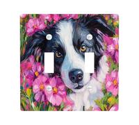 Border Collie Dog Decorative Light Switch Cover Wall Plate 2 Gang Double Toggle, Oil Painting Peach Flower Electrical Faceplate for Kitchen Bathroom, Pet Switchcover Decor