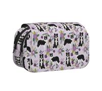 Border Collie Dog Vintage Florals Purple Pencil Pouch Portable Double Layer Stationery Organizer