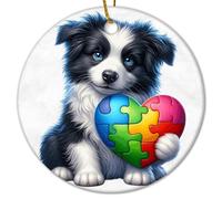 Border Collie Dog with Autism Puzzle Heart Christmas Ceramic Ornaments Christmas Ornament Dog Pet Lovers Vintage Ornament For Family Friends Parents 3 IN