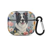 Border Collie Florals Bluetooth Earbuds Case Cover Full Body Shockproof Protection Hard Case Support Wireless Charging with Keychain Personalized Gift for AirPods 3