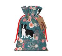Border Collie Florals Christmas Drawstring Sack Gift Bag, Lightweight And Cute In Design