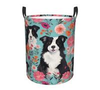 Border Collie Florals Circular Single-Layer Laundry Basket, Folding Laundry Basket, Two Handles Can Hold Clothes, Books, Suitable For Kitchen, Living Room, And So On.