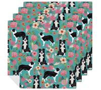 Border Collie Florals Cloth Napkins 18 X 18 Inch, 4 PCS Polyester Napkins, Soft & Absorbent Cloth Dinner Napkin for Wedding, Party, Restaurant, Elegant Table Decor