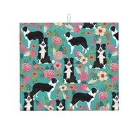 Border Collie Florals Dish Drying Mat for Kitchen Counter 18x16 Inch Microfiber Dish Drying Pad Absorbent Dishes Drainer Mats for Kitchen Countertops Sinks Draining Racks