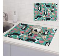 Border Collie Florals Dish Drying Mat for Kitchen Counter 18x24 Inch Microfiber Dish Drying Pad Absorbent Large Dishes Drainer Mats for Kitchen Countertops Sinks Draining Racks