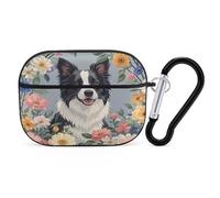 Border Collie Florals Earbuds Organizer Shockproof Protective Airpods Pro Cover with Carabiner Clip Anti Fall Carrying Earphone Case Cover for Airpods Pro 2nd Generation Black