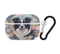 Border Collie Florals Earbuds Organizer Shockproof Protective Airpods Pro Cover with Carabiner Clip Anti Fall Carrying Earphone Case Cover for Airpods Pro 2nd Generation White