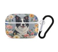 Border Collie Florals Earbuds Organizer Shockproof Protective Airpods Pro Cover with Carabiner Clip Anti Fall Carrying Earphone Case Cover for Airpods Pro 2nd Generation White
