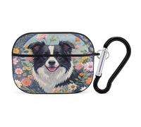 Border Collie Florals Earbuds Organizer Shockproof Protective Airpods Pro Cover with Carabiner Clip Anti Fall Carrying Earphone Case Cover for Airpods Pro 2nd Generation Black