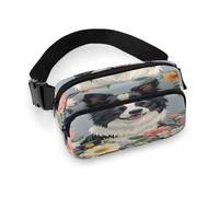 Border Collie Florals Fanny Pack Belt Bag with Adjustable Strap Fashion Waist Bag for Outdoor Sports Hiking, white, 20x13cm, Full Printed Waist Bag