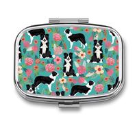 Border Collie Florals Pill Box 2 Compartments Portable Travel Pill Case Mini Medicine Organizer for Pocket Purse Metal Waterproof Medicine Container Holder Vitamin Fish Oil