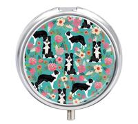 Border Collie Florals Pill Box Medicine Pill Organizer 3 Compartment Daily Pill Case Small Pill Container Round Pill Holder Travel Pill Box Metal Pill Case for Purse Pocket