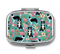 Border Collie Florals Pill Case 2 Compartment Small Pill Box Compact Travel Daily Medicine Organizer Portable Medicine Vitamin Container Fish Oil and Supplement Storage