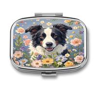 Border Collie Florals Pill Case Travel Portable Pocket Pill Box 2 Compartment Medicine Case Large Capacity Daily Pill Cases Vitamin Organizer Medicine Organizer Small Pill Box