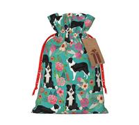 Border Collie Florals print Christmas Packing Bag Linen Bags with Drawstring Funny Wedding Present Bag