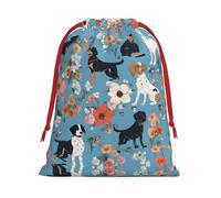Border Collie Florals Print Drawstring Gift Bag With Pull Cord Closure For Gifting And Storage