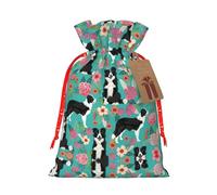 Border Collie Florals Print Holiday Burlap Gift Bag With Drawstring, Small Party Favor Pouches For Christmas Gifting-S Size
