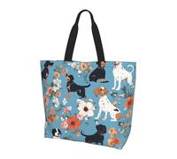 Border Collie Florals Print Large Women Tote Bag,Stylish Waterproof Ladies Shoulder Bag, Folding Beach Travel Bag for Work,Shopping