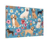 Border Collie Florals -Print Modern Canvas Wall Decor 16X24 Inche, Frameless Art Print with Wooden Strainer, Ready to Hang for Living Room & Bedroom.