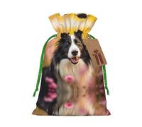 Border Collie Florals Print Reusable Gift Bags,Drawstring Gift Bags For Jewelry And Gifts,For Festive Occasions