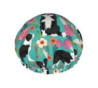 Border Collie Florals Print Shower Cap,Elastic And Reusable Double Layer Waterproof Bathing Shower Hat