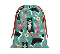 Border Collie Florals Print Soft Flannel Drawstring Gift Bags Fleece Gift Pouches for Christmas Halloween Holiday Party