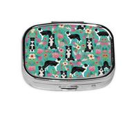 Border Collie Florals Print Square Metal Pill Box Decorative Pill Case - Carry Your Meds in Style (Rectangular)