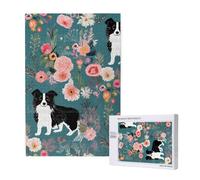 Border Collie Florals Printed Jigsaw Puzzle with Storage Box, Wooden Puzzle for Adults and Kids, 1000 Pieces Family Fun Decorative Game