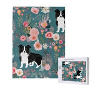 Border Collie Florals Printed Jigsaw Puzzle with Storage Box, Wooden Puzzle for Adults and Kids, 500 Pieces Family Fun Decorative Game, 38x52 CM