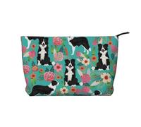 Border Collie Florals Printed Make up Bag for Women Corduroy Makeup Bags Zipper Travel Cosmetic Bags Pouch Organizer
