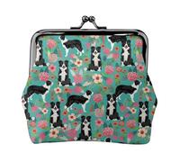 Border Collie Florals Printed, PU Leather Coin Purse, Small Wallets, Change Pouch with Kiss Lock Clasp Buckle, Change Purse