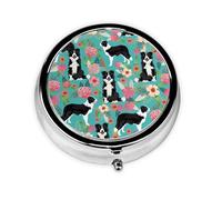 Border Collie Florals Printed Round Travel Pill Box Cute Small Metal Pocket Pill Case for Men & Women 3 Compartment Portable Pill Organizer for Purse or Pocket