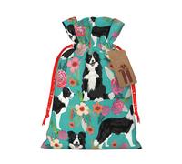 Border Collie Florals Printing Drawstring Christmas Bag With Kraft Tag 4.7x6.9 Inch For Halloween Wrapping Gifts