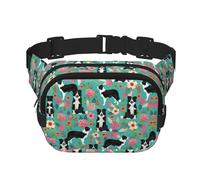 Border Collie Florals Square Double Layer Waist Bag Belt Fanny Pack Purse with Adjustable Strap, Running, Travel, Hiking