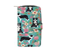 Border Collie Florals Wallet Multifunctional Leather Wallets for Men Compact Long Wallet Credit Card Holder Passport Bag