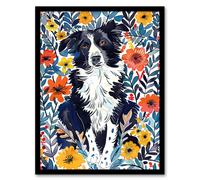Border Collie Flower Field Dog Lover Watercolour Framed Wall Art Artery8 Multi A4