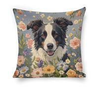 Border Collie Flowers Throw Pillow Case Reversible Cushion Covers Invisible Zipper Cushion Cover For Birthday Valentines Day Anniversary 45X45Cm