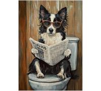 Border Collie on Toilet Jigsaw Puzzle 1000 Pieces for Adults - Quirky Dog Reading Newpaper with Glasses - Best Dog Bathroom Decor Puzzles