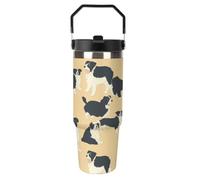 Border Collie Pattern Flip Straw Insulated Tumbler with Handle 30oz | Stainless Steel Water Bottle Double Wall Vacuum Travel Coffee Mug Leakproof Reusable Car Cup for Cold Drink Gym Office Travel