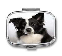 Border Collie Pill Box 2-Compartment Portable Pill Case Square Metal Medication Organizer Small Weekly Medication Case with Mirror Stylish Vitamin Holder for Purse Pocket Travel