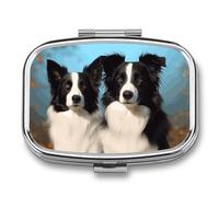 Border Collie Pill Box 2 Compartment Portable Travel Pill Case with Mirror Square Metal Medicines Storage Container Pocket Medicine Box to Hold Vitamins Fish Oil